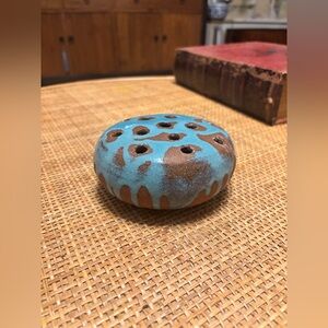 Studio Pottery Flower Frog Turquoise Blue Drip Glaze Ceramic Ikebana Holder